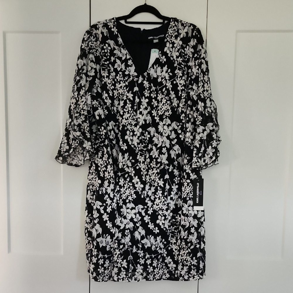 Karl Lagerfeld Black and White Sheath Dress with V-Neck Bishop Sleeves